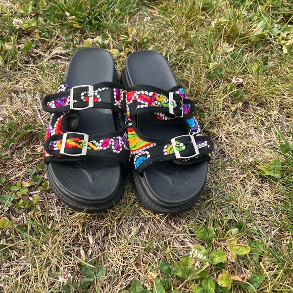 Shoes - Kids Black Slide Sandals with Multicolor Embroidered Straps